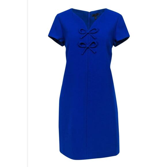 J. CREW Women Presentation Mini Dress Royal Cobalt Blue Bow Crepe Cap Sleeve 4 - Picture 4 of 14